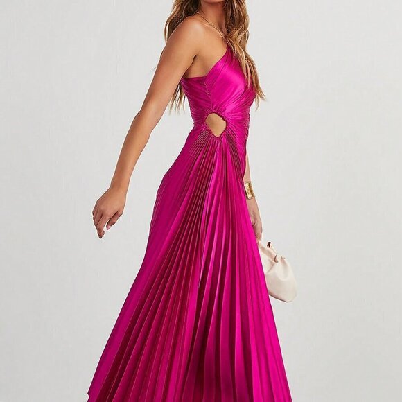 Hot Pink Women's One Shoulder Asymmetrical Hem Satin Cocktail Dress - Picture 4 of 5